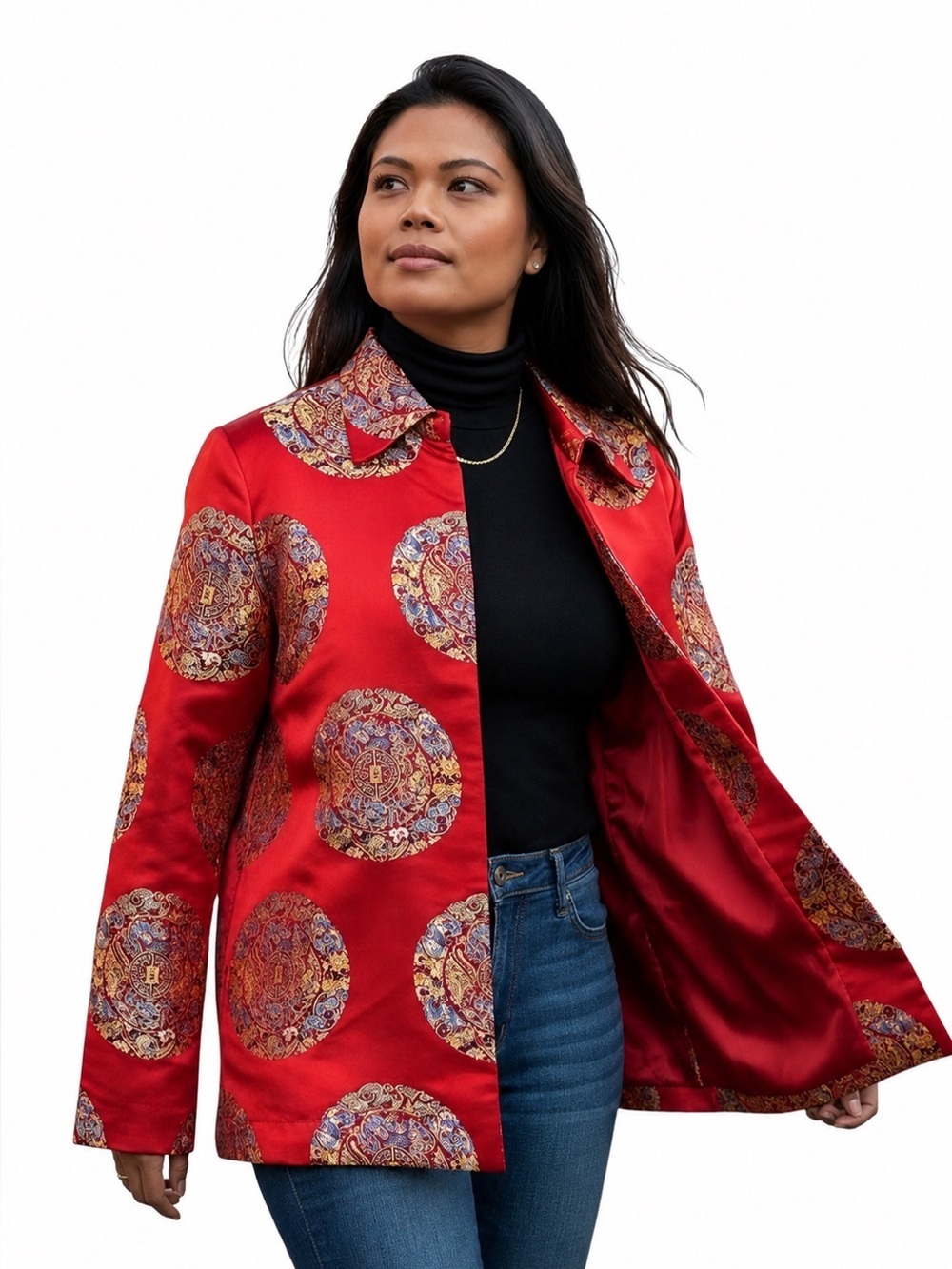 Red Asian Brocade Mandarin Satin Dragon Phoenix Medallion Open Front Blazer Coat